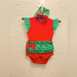 Baby girl onesie Christmas outfit with headband